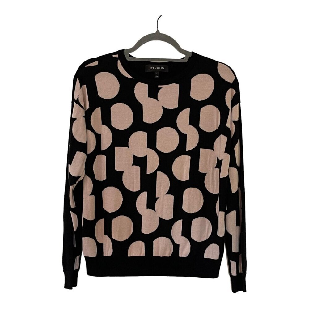 ST. John Size S Cashmere Black Pink Dot Print Pullover Wool Sweater